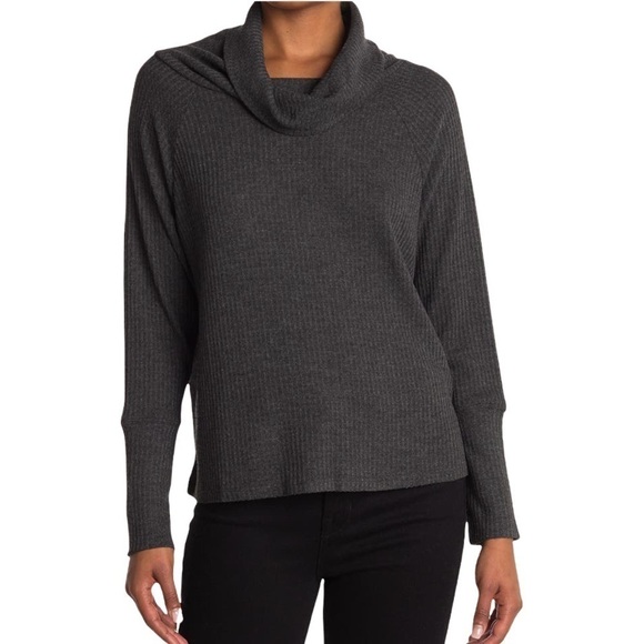 Bobeau Cowl Neck Raglan Sleeve Thermal Top Raven Black Mix Grey Medium New NWT - Picture 1 of 7